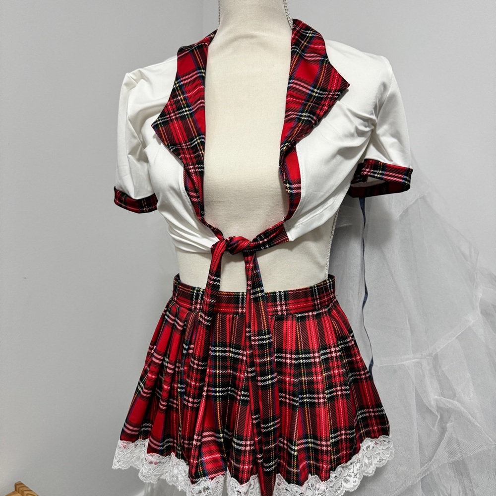 Red Plaid Tie-Front Top and Skirt Set
